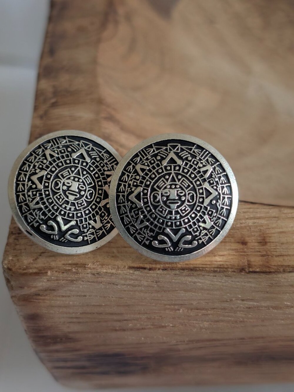 Vintage 925 Sterling Silver Aztec Mayan Calendar Sun Inlay Earrings Mexico